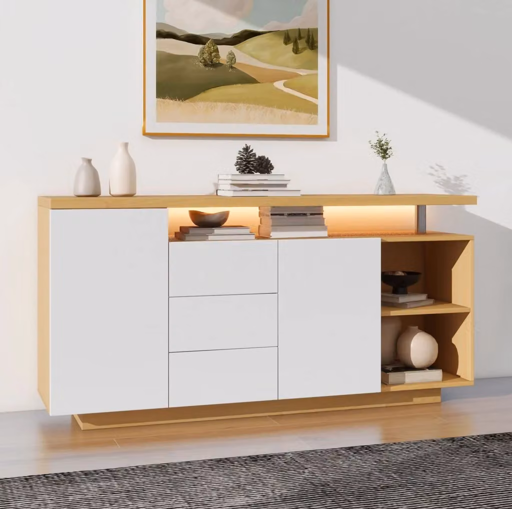 Credenza moderna bianca e beige con illuminazione integrata per soggiorno e sala da pranzo L: 140 cm – 2
