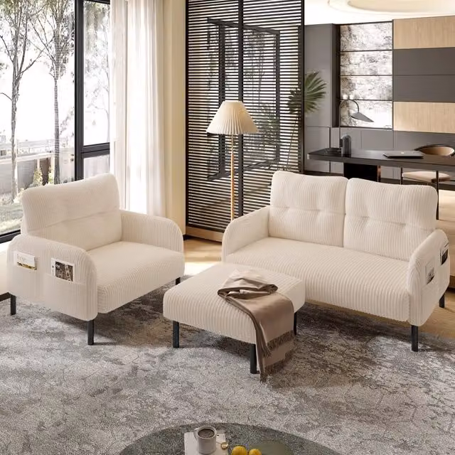 Set soggiorno 3 pezzi in velluto a coste beige con divano 2 posti, poltrona e pouf