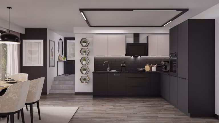 Cucina ad angolo SIENA + ARONA 280x270 cm, cucina a incasso, cucina ad angolo, colore nero cashmere