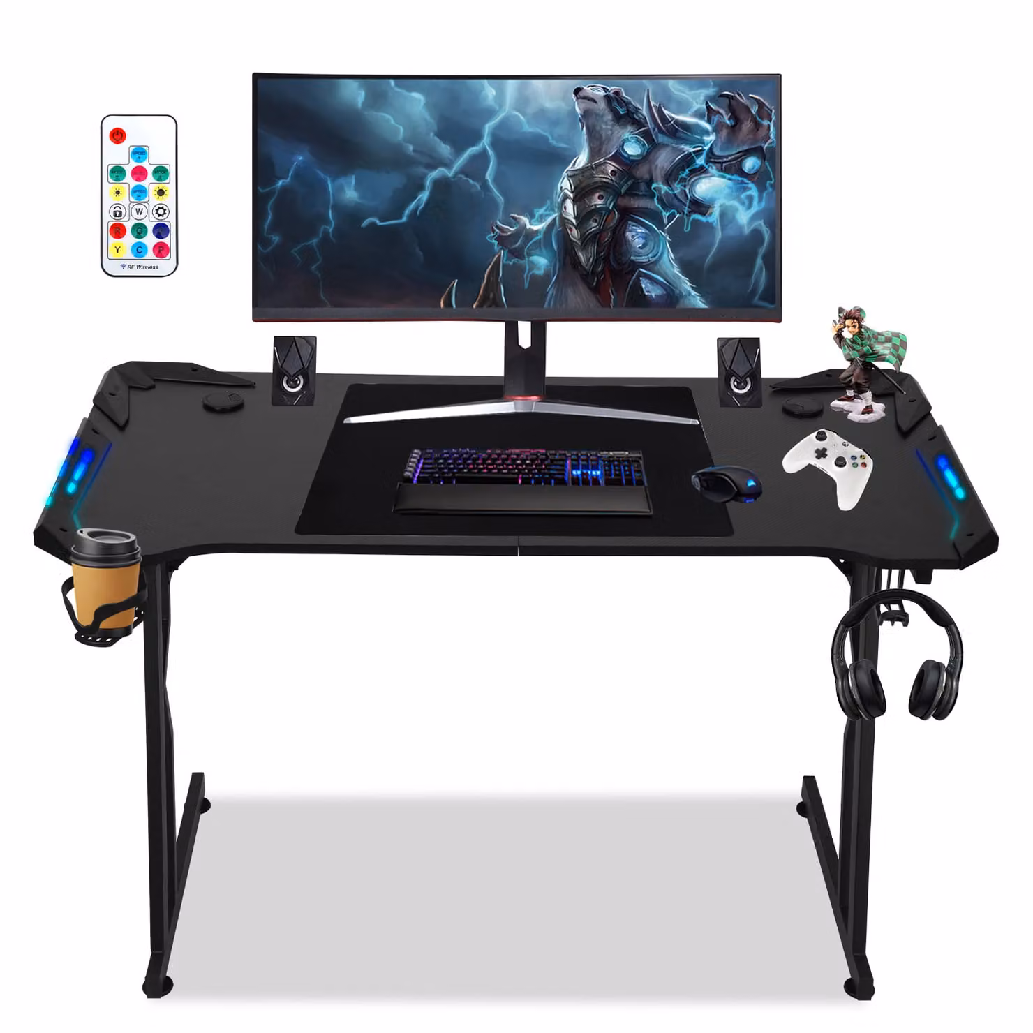 Scrivania da gaming Ikodm, dimensioni 140 x 60 cm, colore nero, con illuminazione LED, tappetino per mouse e struttura a Z con tubo K
