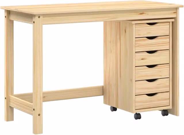 Set Scrivania MOSS composta da Tavolo da Ufficio e Mobiletto su Ruote in Legno di Pino, Colore Marrone e Beige – 1