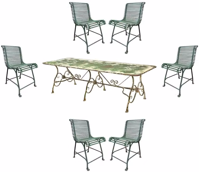Casa Padrino Set di mobili da giardino in ferro battuto verde antico - 1 tavolo da pranzo da giardino in stile liberty e 6 sedie da giardino in stile liberty - Gastronomia & Arredamento da giardino barocco & liberty