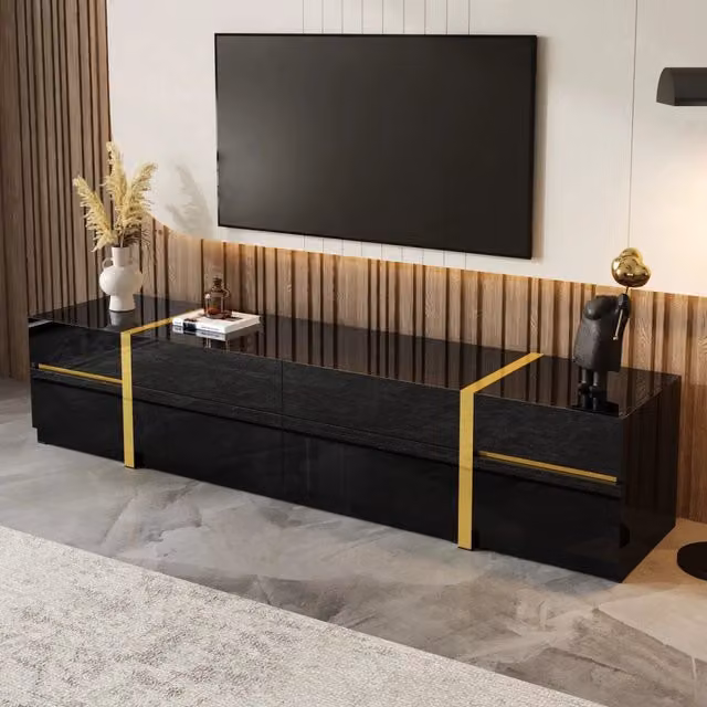 Mobile TV lucido, 4 cassetti, decorazioni a strisce dorate, nero