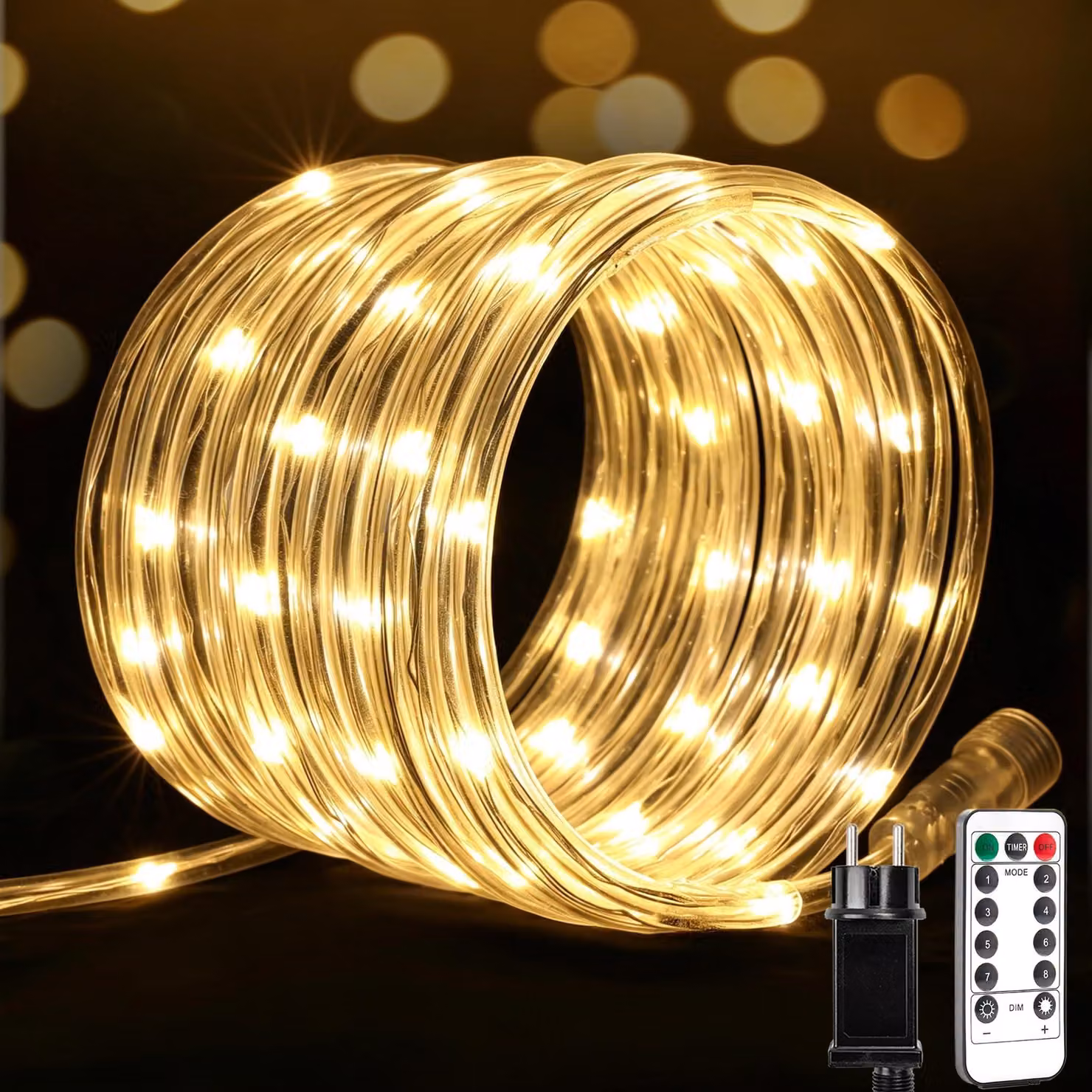 Catena luminosa da 50 metri, con 500 LED, luce bianco caldo, grado di protezione IP65, con telecomando