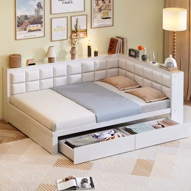 Letto divano 140 × 200 cm 2 posti con schienale morbido, 2 cassetti e ripiani laterali, senza materasso, pino bianco