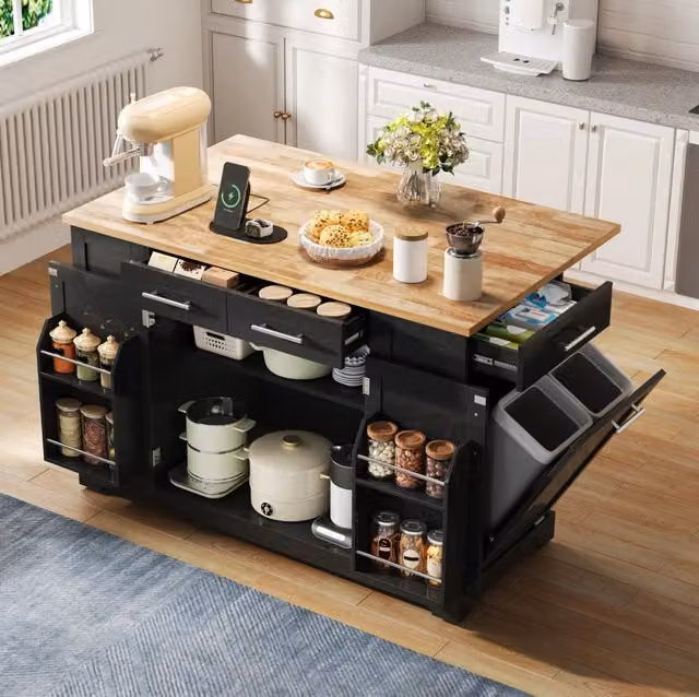 Isola cucina mobile 138 cm con piano ribaltabile e prese