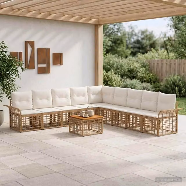 Set di divani da esterno 10 pz 9-Posti Naturale e Bianco Crema 3437706