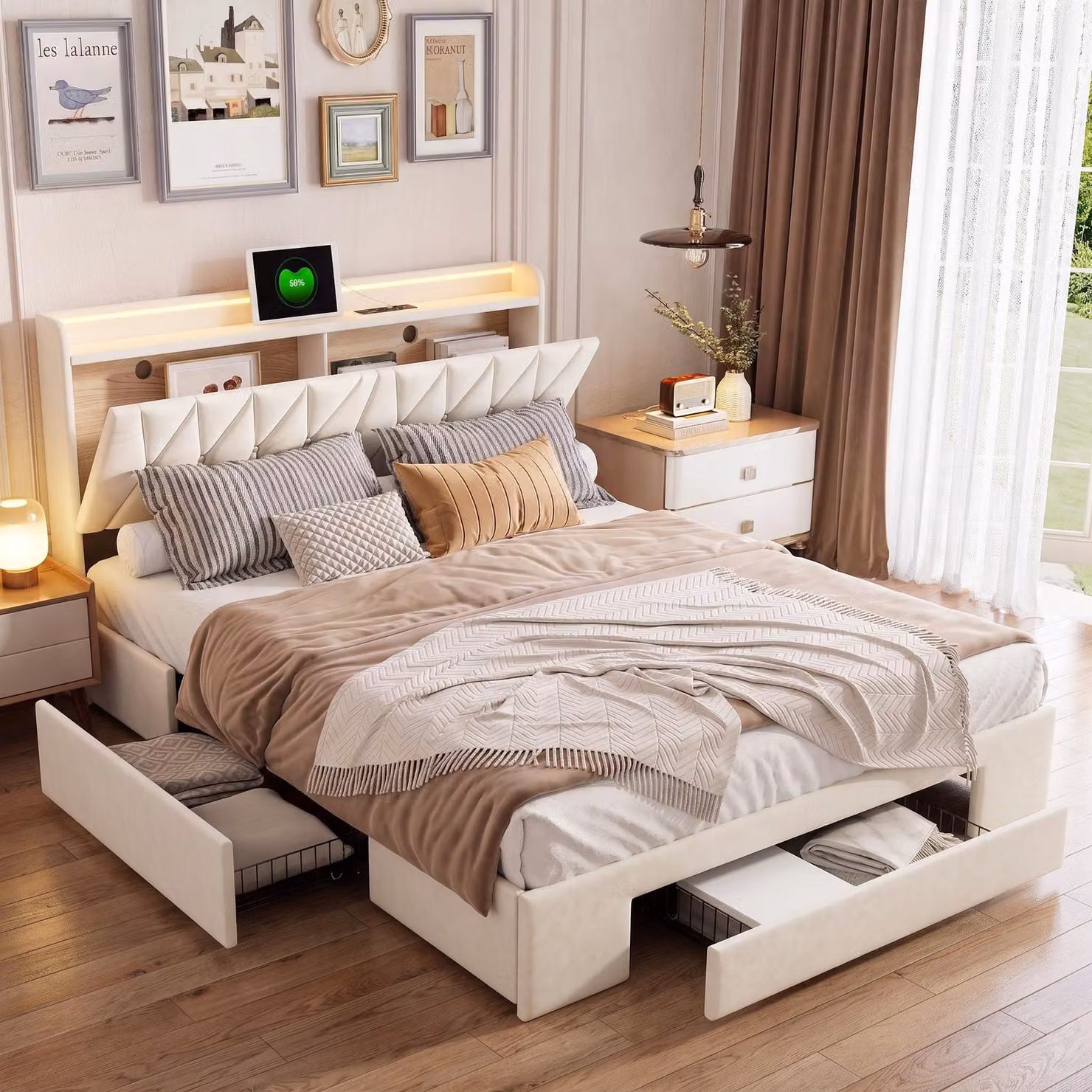Letto imbottito INONEFT, 140x200 cm, con porta USB, letto per ragazzi/coppie con 3 cassetti, letto contenitore in legno massello con LED e rete a doghe, in velluto, color beige