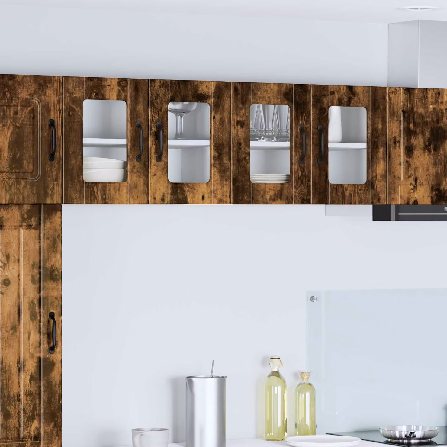 Set di 2 mobili da parete moderni vidaXL PORTO in legno e vetro con ante in vetro, colore Rovere fumé, L/P/H: 60 x 40 x 31 cm