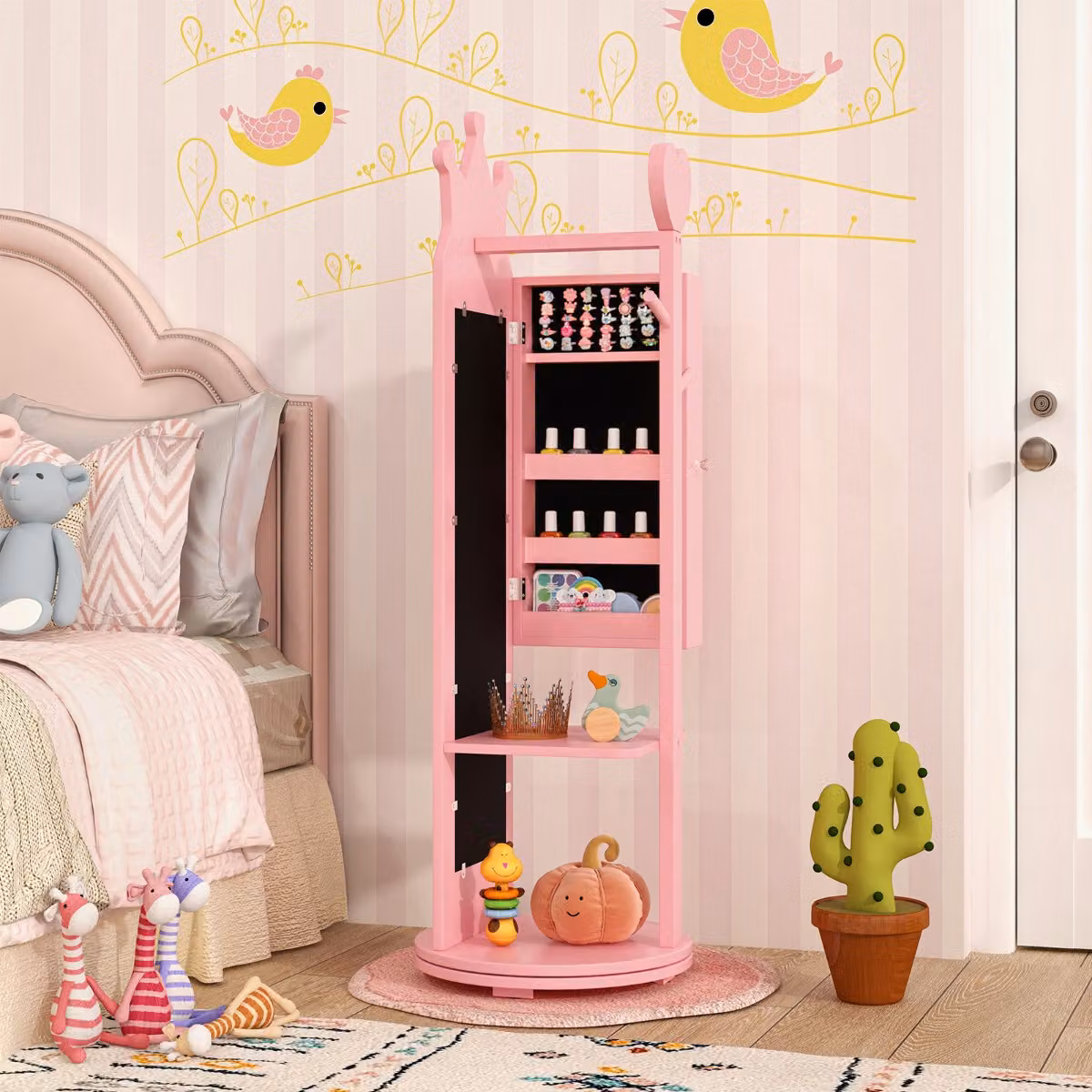 Armadio portagioielli Costway per bambini con base girevole, specchio a figura intera e ampia capacità di archiviazione, Rosa