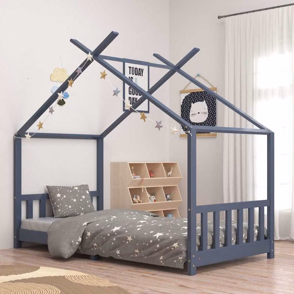 vidaXL Giroletto per Bambini in Legno di Pino Massello Grigio L/P/H: 200 x 90 x 155 cm