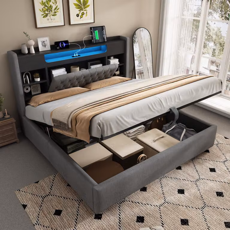 Letto imbottito okwish 140x200 con materasso, letto singolo con USB e Type-C, letto per ragazzi con LED e spazio contenitore a sollevamento idraulico, grigio