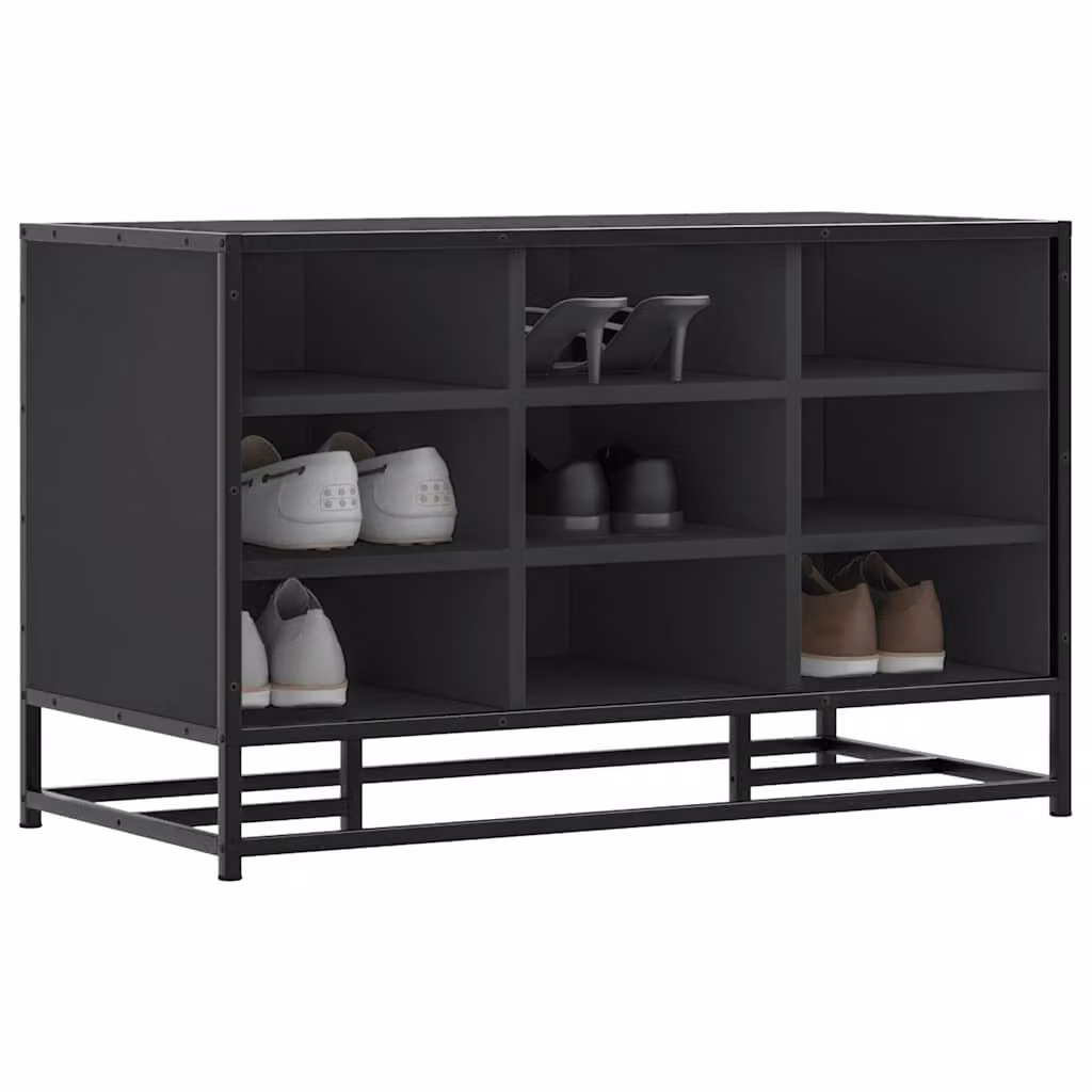 Scarpiera nera vidaXL in stile industriale con ripiani interni e ante, realizzata in legno e metallo, L 84 cm x P 40 cm x H 53,5 cm
