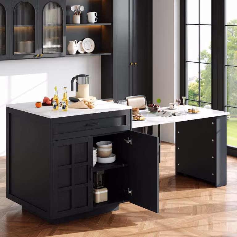 MODFU Credenza, cassettiera, isola da cucina, tavolo allungabile con contenitore, con 2 cassetti e 4 scomparti, con ripiani laterali, nero