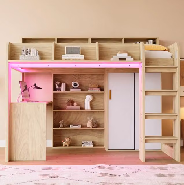 Letto a soppalco multifunzionale 90x200 cm con scrivania, armadio, contenitori, illuminazione LED e presa, struttura in legno