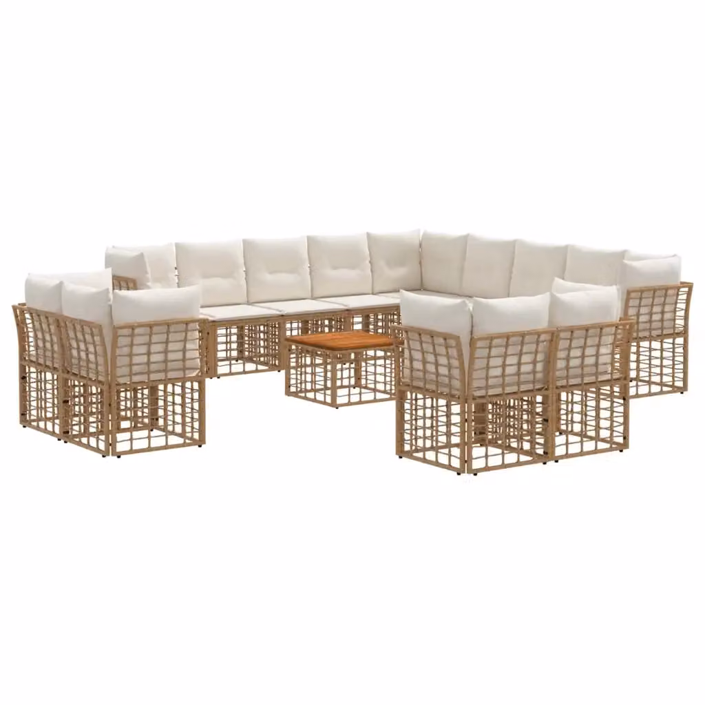 Set di divani da esterno vidaXL a forma di U composto da 14 pezzi per 13 posti, colore beige e marrone, con struttura in metallo e legno di acacia, tavolo da caffè e cuscini inclusi – 2