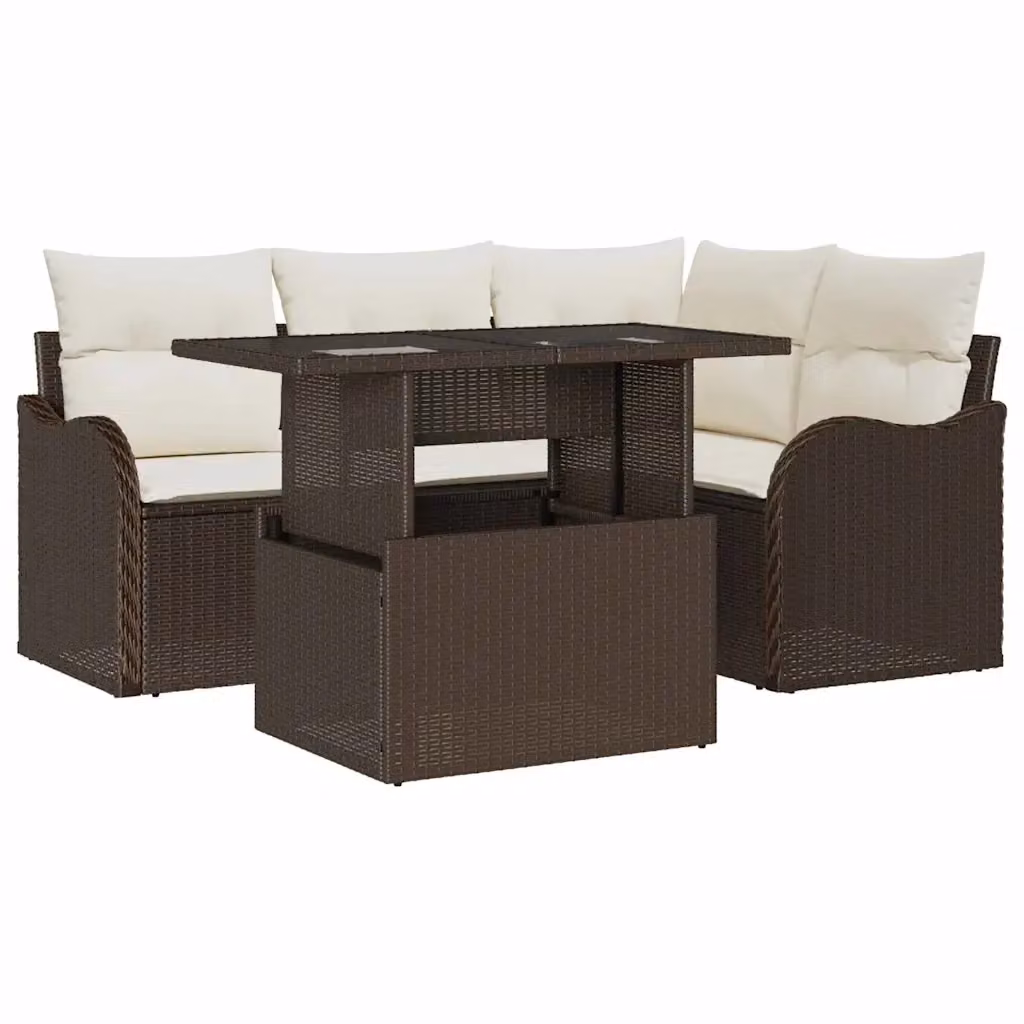 Set da pranzo per esterni vidaXL in polyrattan marrone e beige con tavolo in vetro per giardino e terrazza, 5 pezzi – 2