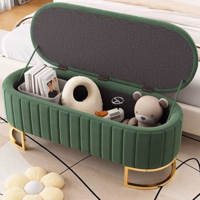 Panca contenitore multifunzione OKWISH in velluto verde con gambe in metallo per soggiorno e camera da letto – 1