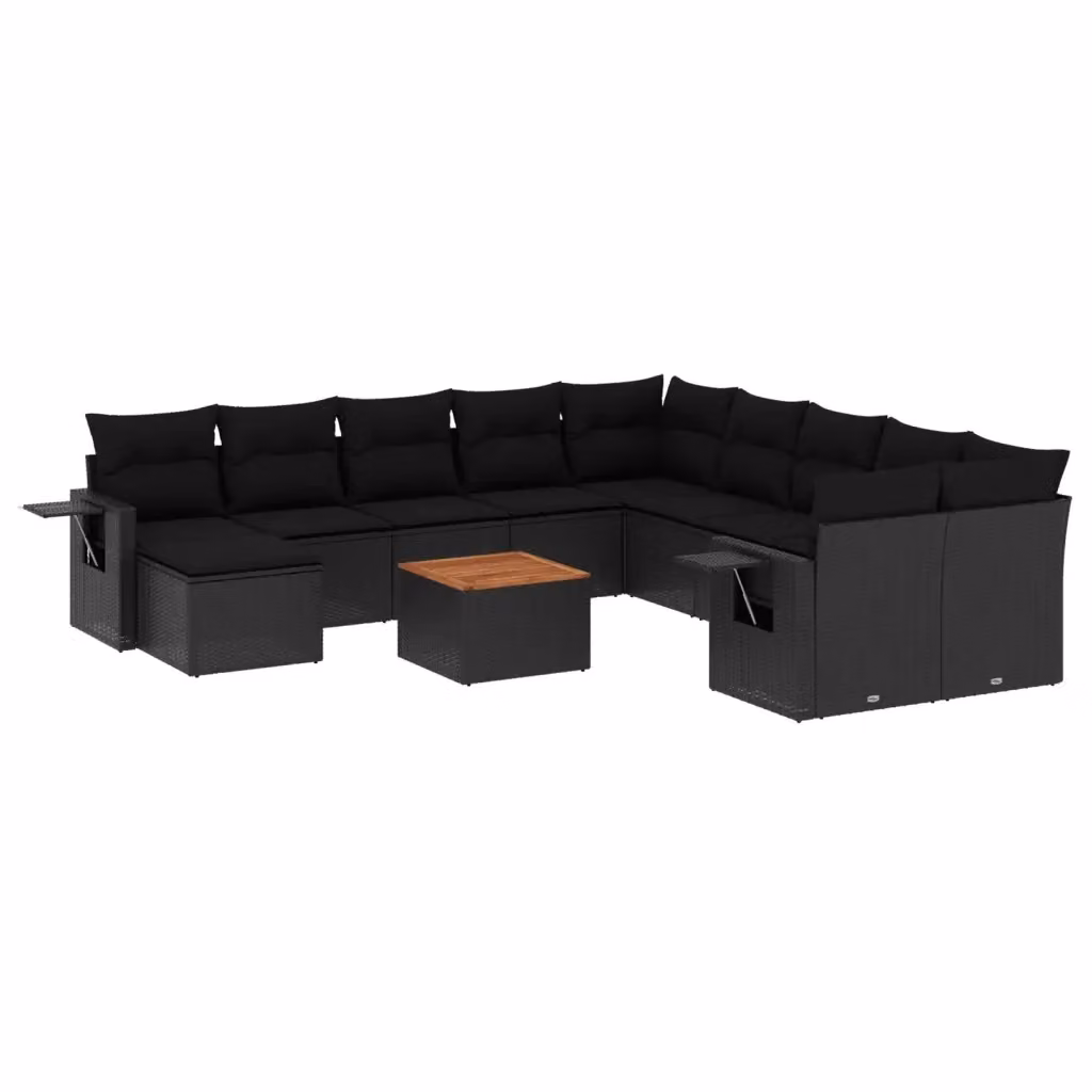 vidaXL Set Divani da Giardino a Forma di U in Polyrattan Nero con Cuscini e Tavolino da Esterno – 2