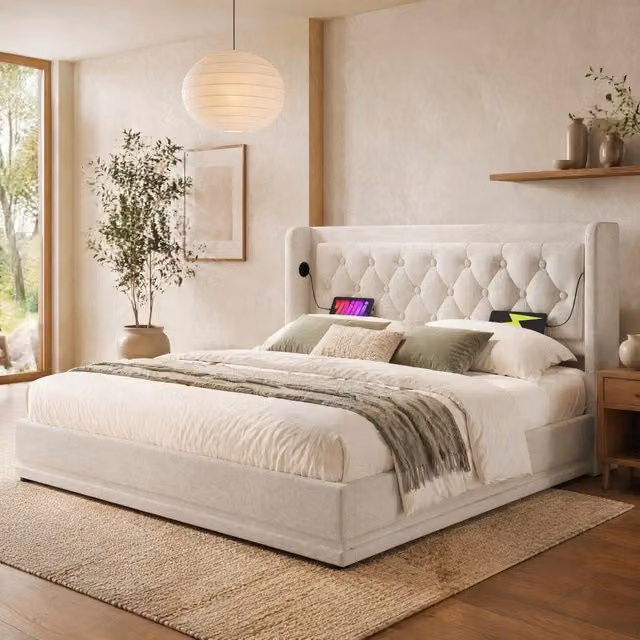 Letto matrimoniale 180x200 cm beige in cotone con contenitore idraulico, LED e ricarica USB/Type-C