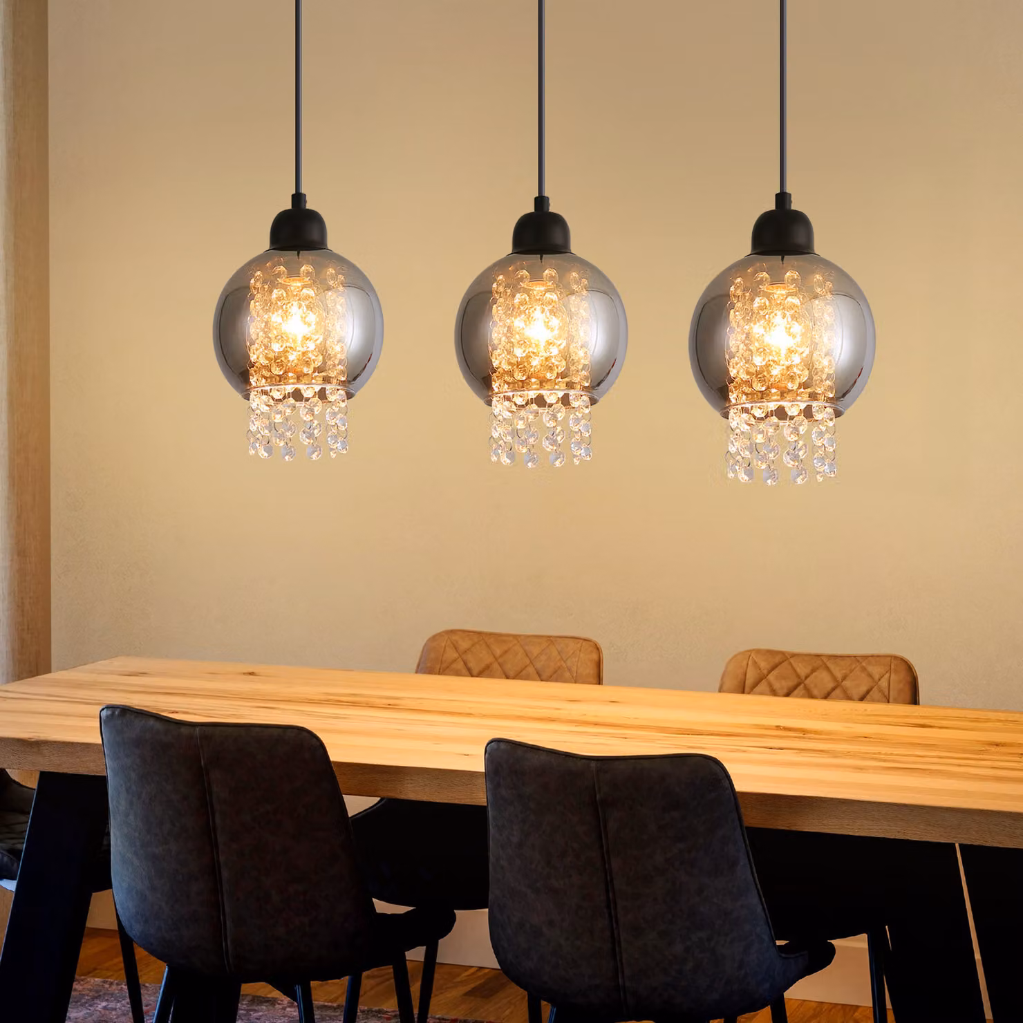 ZMH Ciondolo tavolo da pranzo lampada sala da pranzo lampada a sospensione lampada a sospensione soggiorno vetro tavolo da pranzo lampada nera camera da letto 3 fiamma E27 lampada a sospensione moderna lampada a sospensione di cristallo per la cucina (sen