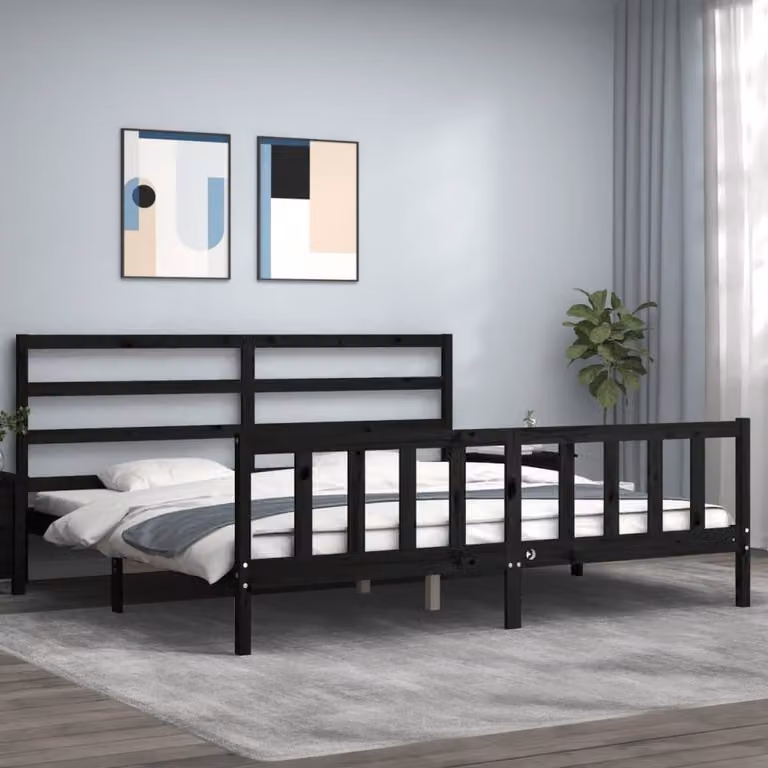 The Living Store Letto in legno massiccio con testiera nera 200x200 cm