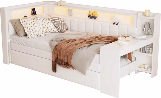 Letto divano moderno bianco con scrivania, porta USB, luci LED e letto estraibile, L/P/H: 200 x 90 x 103,5 cm