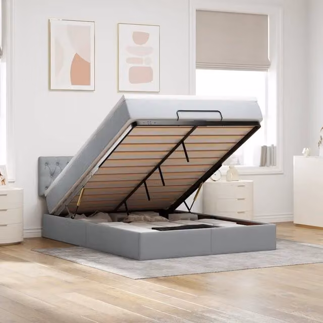 Letto con contenitore a sollevamento e materasso vidaXL in tessuto grigio e bianco, L/P/H: 200 x 140 x 88 cm – 1