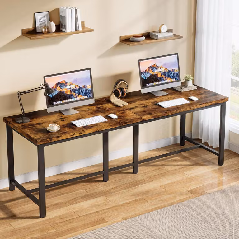 Scrivania doppia, dimensioni 200 x 60 cm, scrivania per computer, scrivania da ufficio, scrivania per lo studio, ideale per l'ufficio domestico, stile vintage, struttura in metallo, colore marrone