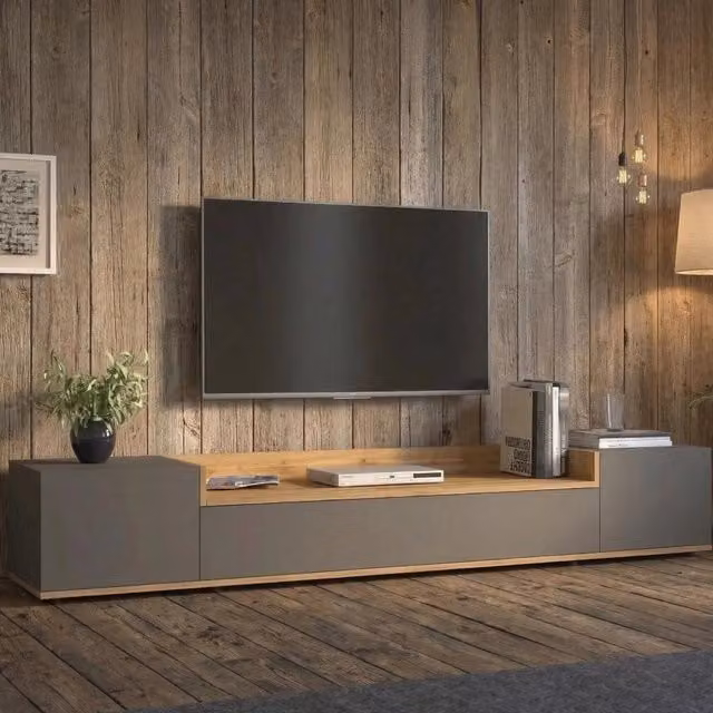 Mobile porta TV Oxanna con 3 ripiani in legno, Made in Italy, Nero Antracite, L 200 cm x P 35 cm x H 30 cm – 1