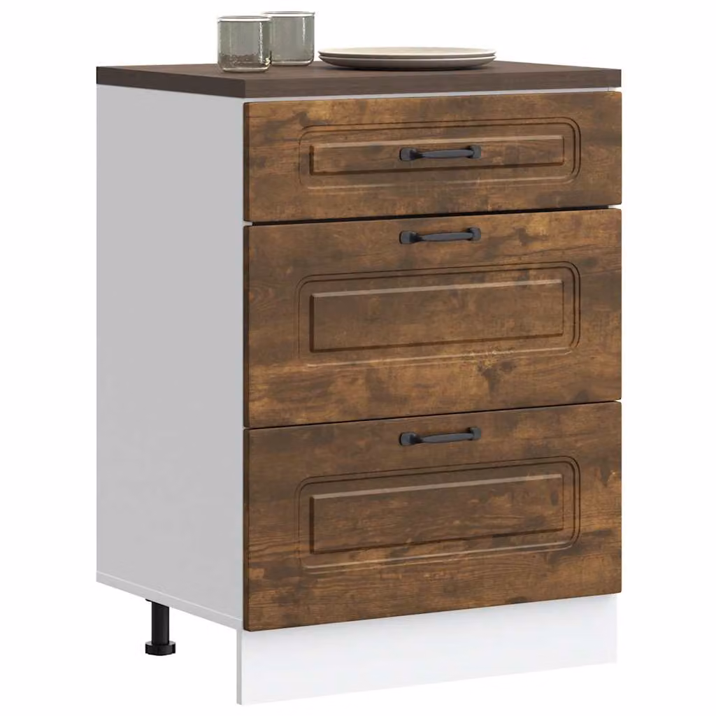 Base da cucina moderna vidaXL Kalmar Rovere Fumo in legno marrone con ante a cerniera e cassetti interni L: 60,0 cm, H: 81,5 cm, P: 46,0 cm