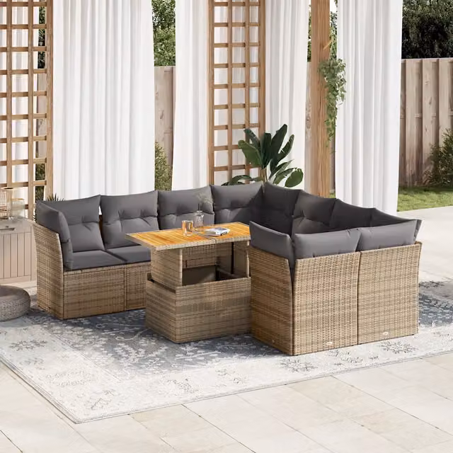 Set Divano da Giardino a Forma di U vidaXL in Polyrattan con Cuscini Beige e Tavolino da Esterno – 1