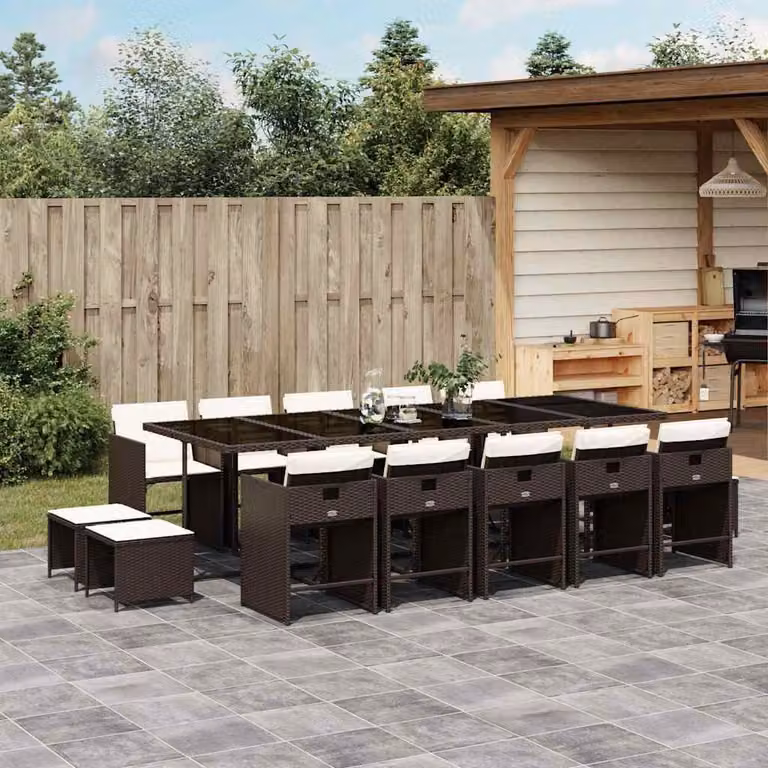 Set da pranzo da giardino vidaXL in polyrattan marrone con 15 pezzi e cuscini