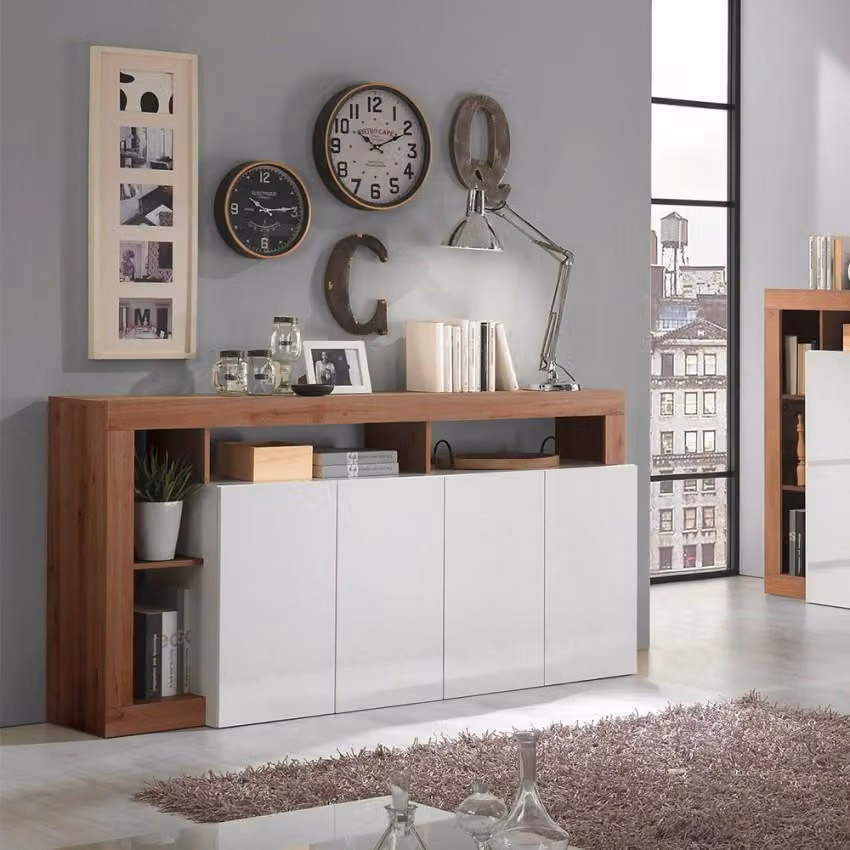 Credenza da cucina moderna a 4 ante, 184 cm, bianco lucido, finitura in legno Cadiz MR