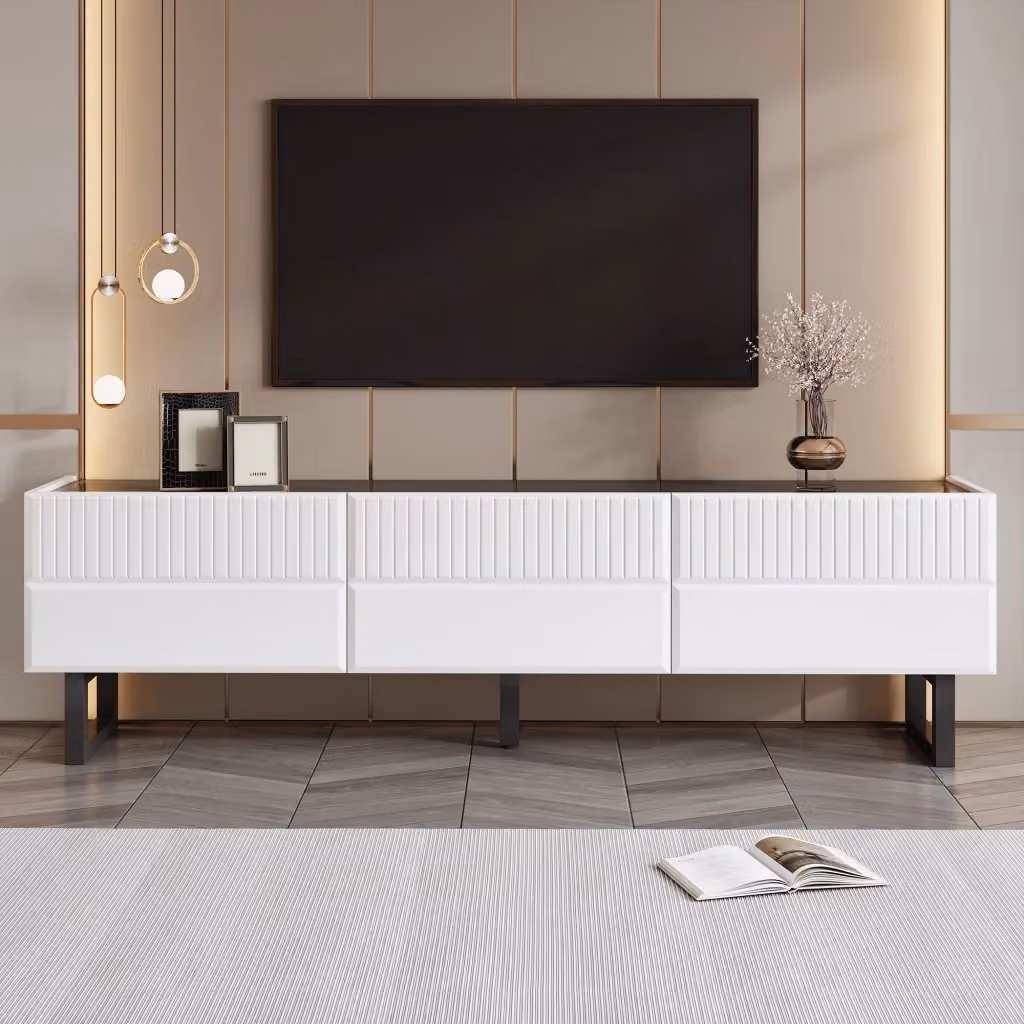 Mobile TV Mivray moderno con cassetti, piano lucido in MDF e gambe in metallo, nero e bianco, L: 170 cm, P: 35 cm, H: 47 cm – 2