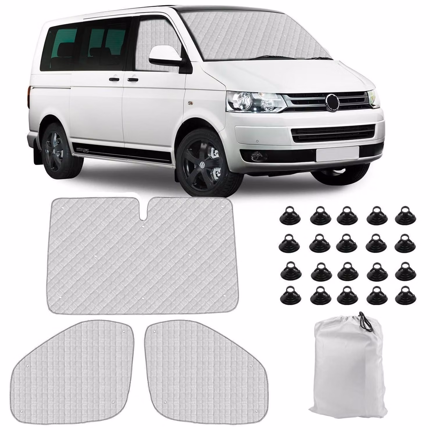 Set di 3 parasole per parabrezza auto, ideale per VW T5 T6, con tappetino termico e custodia