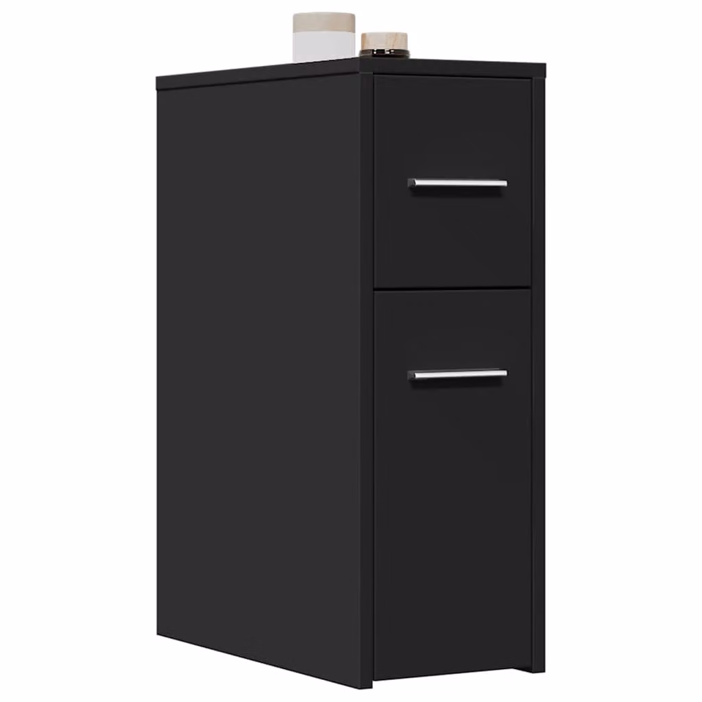Armadietto da bagno stretto con ruote vidaXL nero in legno e MDF con cassetti e ante a battente L/P/H: 44.0 x 22.0 x 61.5 cm