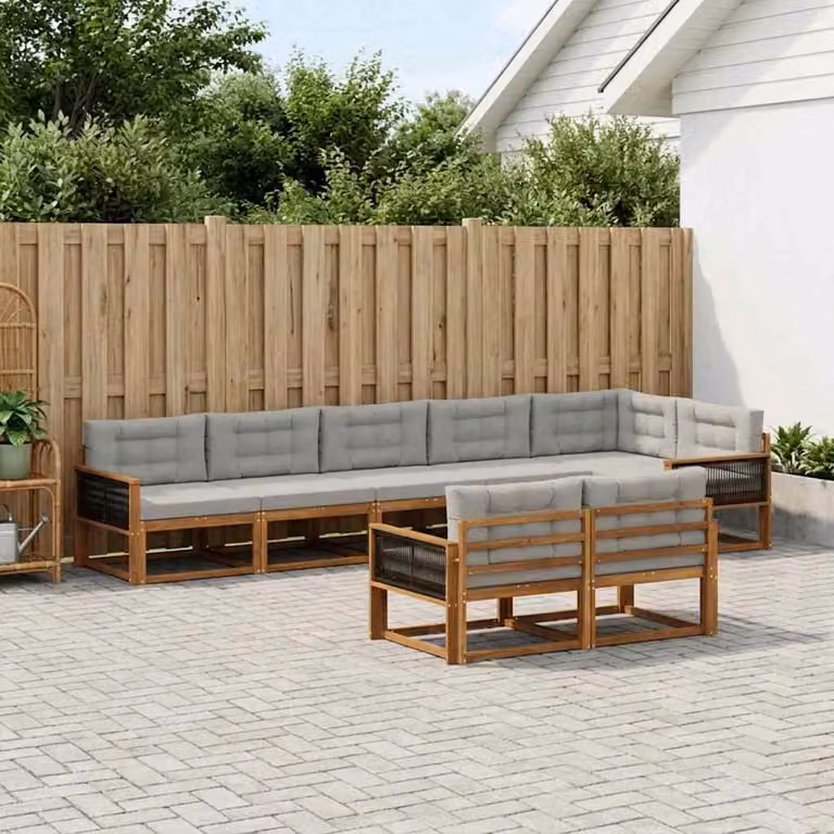 vidaXL Set di divani da esterno a forma di U composto da 8 pezzi in legno di acacia con cuscini, colore beige e grigio