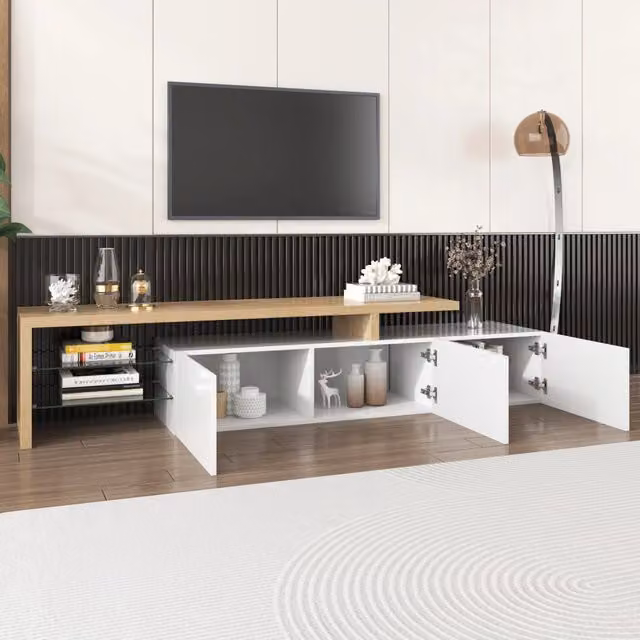 Mobile TV con 3 vani chiusi ripiani in vetro LED a 7 colori controllo app bianco effetto legno 197;5 × 39 × 42 cm