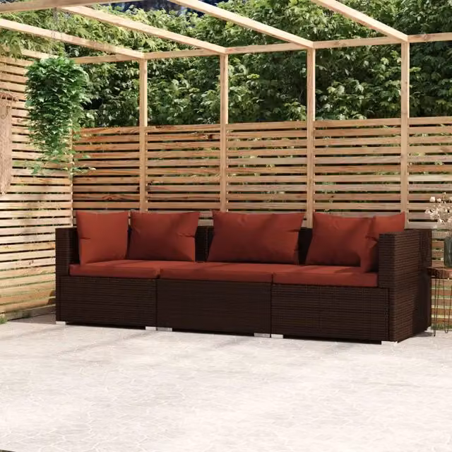Divano a 3 Posti con Cuscini in Polyrattan Marrone 317544