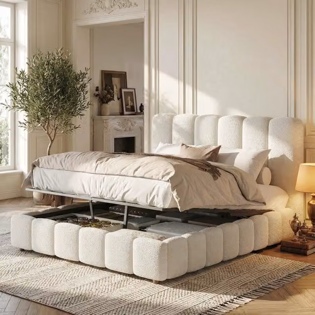 Letto matrimoniale 140 × 200 cm contenitore idraulico con rete a doghe e testiera imbottita bouclé bianco