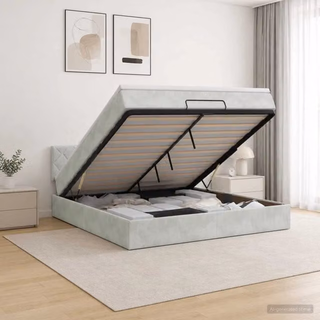 Letto matrimoniale con contenitore a sollevamento vidaXL in velluto grigio e bianco L/P/H: 203 x 180 x 140 cm