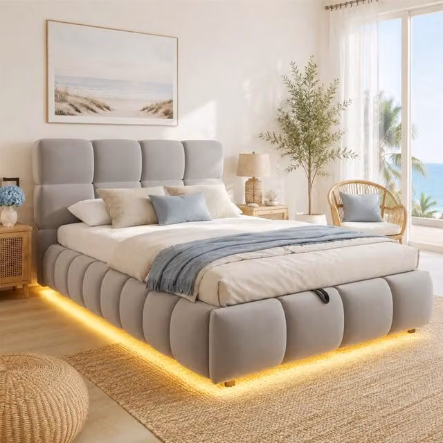 Letto singolo 90 × 200 cm con vano idraulico, LED regolabile, testiera in velluto grigio, senza materasso