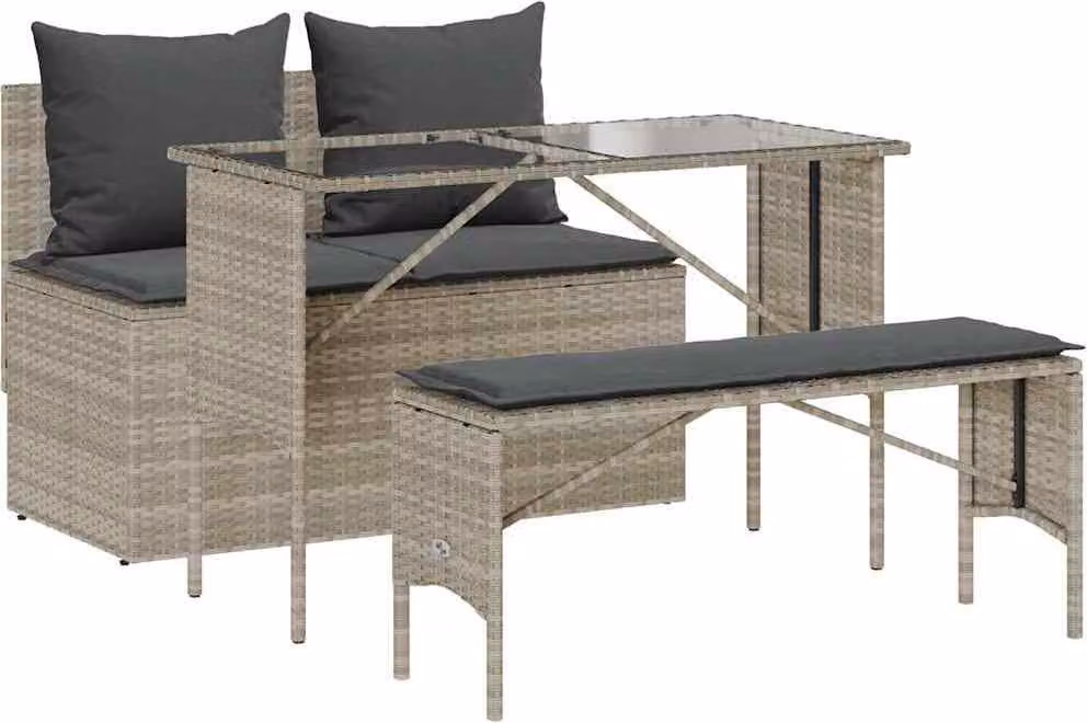 Set Pranzo da Giardino 3pz con Cuscini Grigio Chiaro Polyrattan