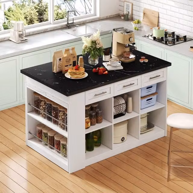 Mobile contenitore da cucina con tavolo estraibile, 6 cassetti e ripiani regolabili, in MDF, bianco, 150 × 90 × 90 cm