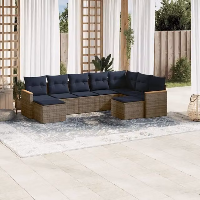 Set Divani da Giardino 9 pz con Cuscini Grigio in Polyrattan 3226544
