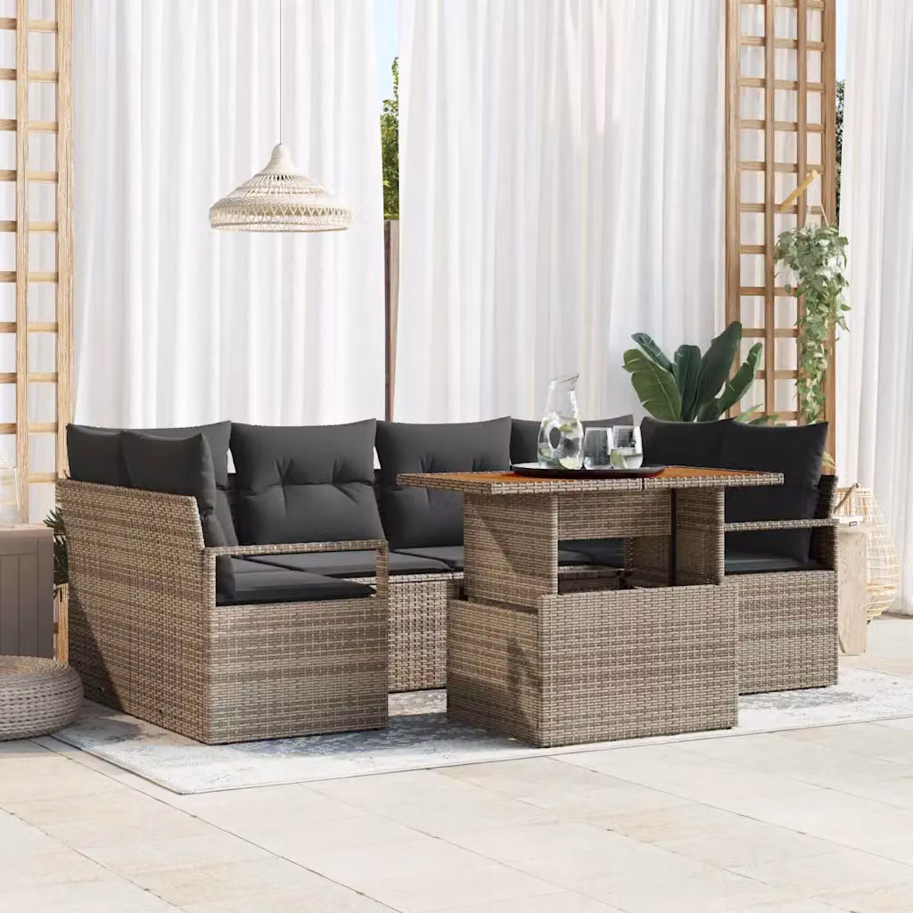 Set Divano da Giardino Moderno vidaXL in 7 Pezzi in Polyrattan Grigio con Cuscini e Tavolino da Esterno – 1