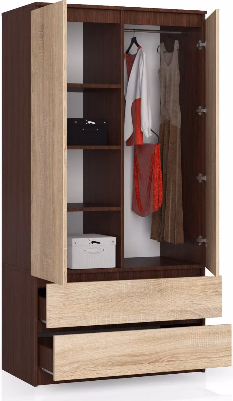 BDW, armadio 2 ante, 2 cassetti, 180x90x51 cm, wengé / rovere Sonoma
