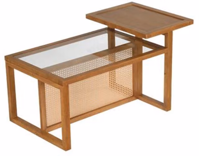 Tavolino da salotto rettangolare in legno di gomma e vetro temperato con decorazioni in rattan e vassoio, design rustico, colore marrone, L: 102 cm, P: 56 cm, H: 56 cm