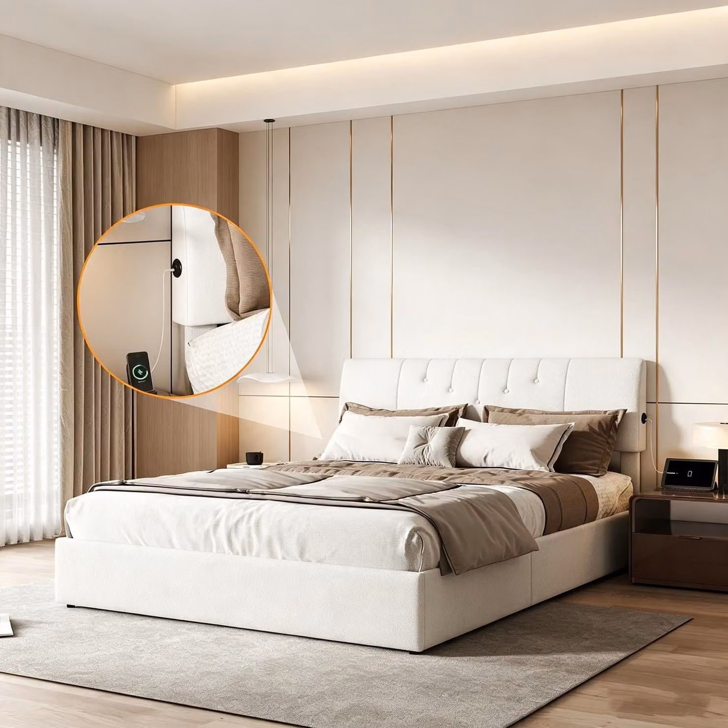 Letto imbottito INONEFT 160x200 con spazio contenitore, letto a molle con presa USB e poggiatesta regolabile, letto con sistema di sollevamento idraulico e spazio contenitore, rivestito in tessuto tipo "teddy" bianco.